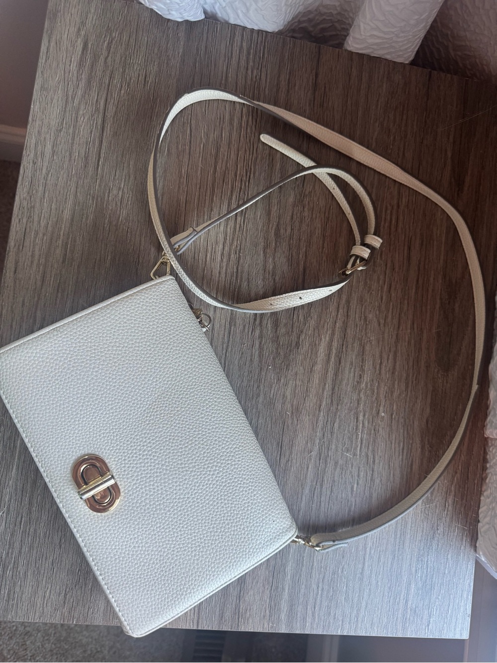 White Textured Leather Crossbody Bag with Gold Hardware
